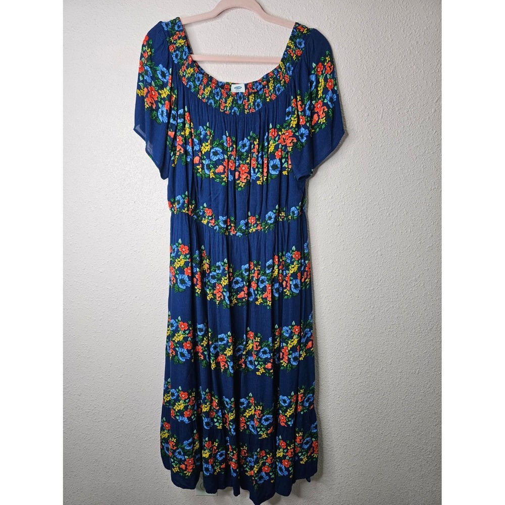 Old Navy Womens XL Floral Midi Dress Navy Blue Boho Smocked Tiered Rayon Crepe